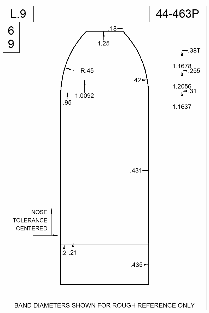 Dimensioned view of bullet 44-463P