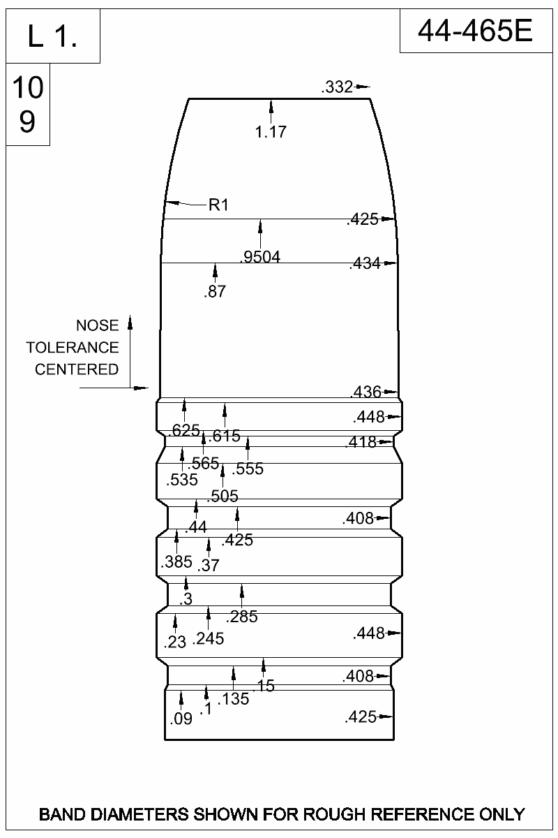 Dimensioned view of bullet 44-465E