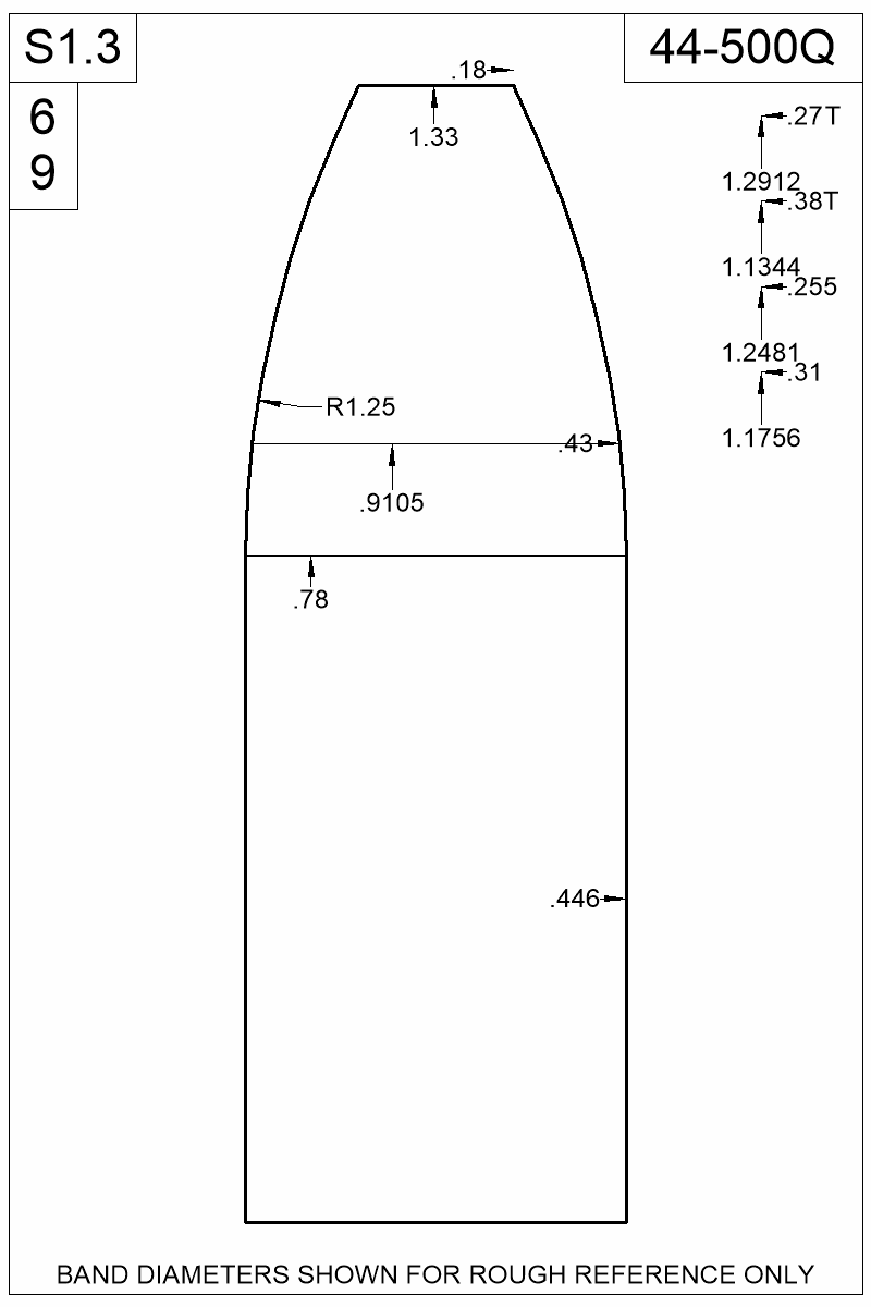 Dimensioned view of bullet 44-500Q