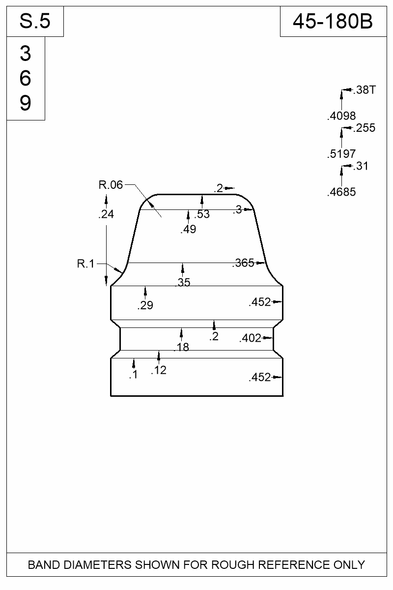 Dimensioned view of bullet 45-180B