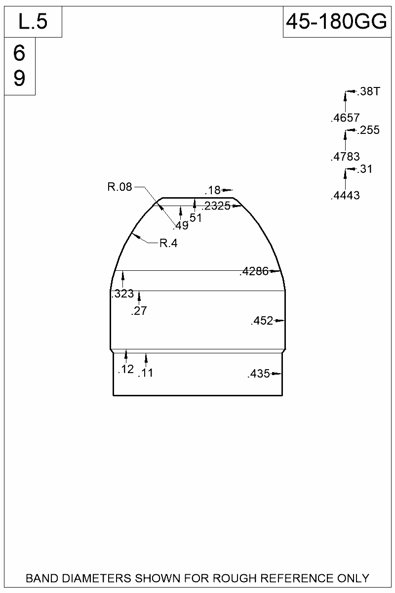Dimensioned view of bullet 45-180GG
