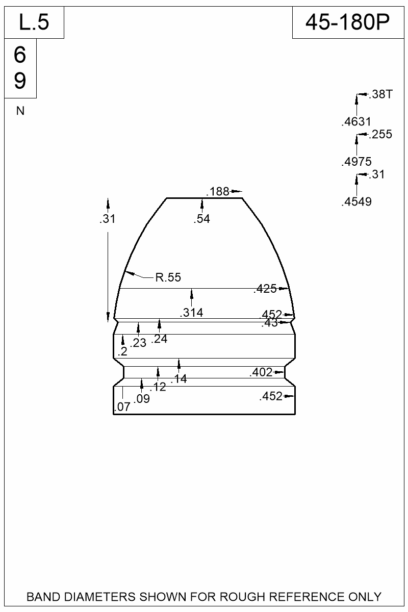 Dimensioned view of bullet 45-180P