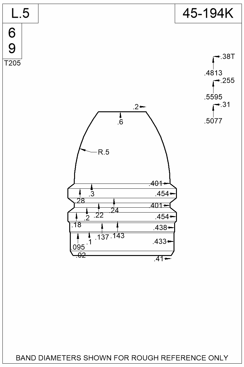 Dimensioned view of bullet 45-194K