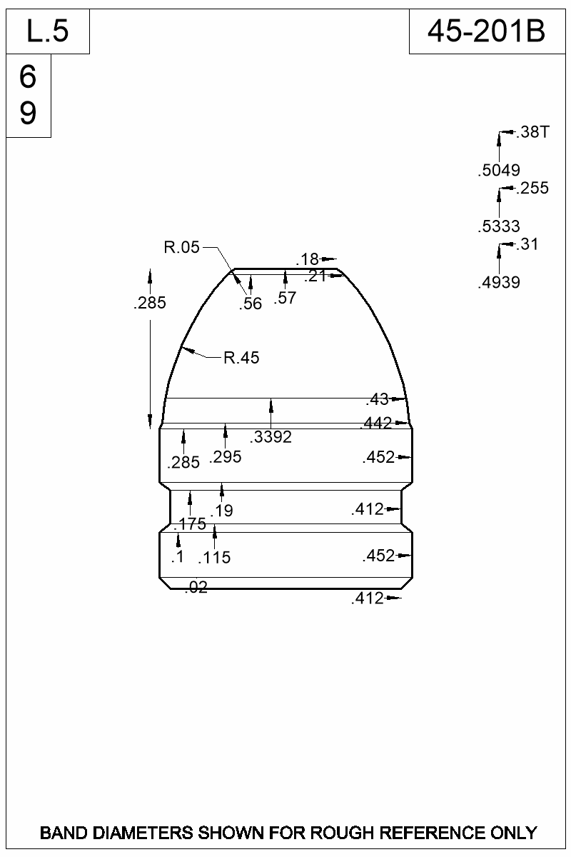 Dimensioned view of bullet 45-201B