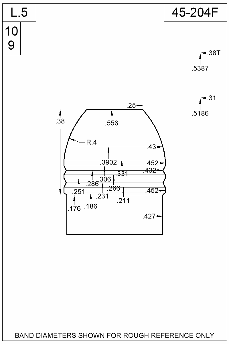 Dimensioned view of bullet 45-204F