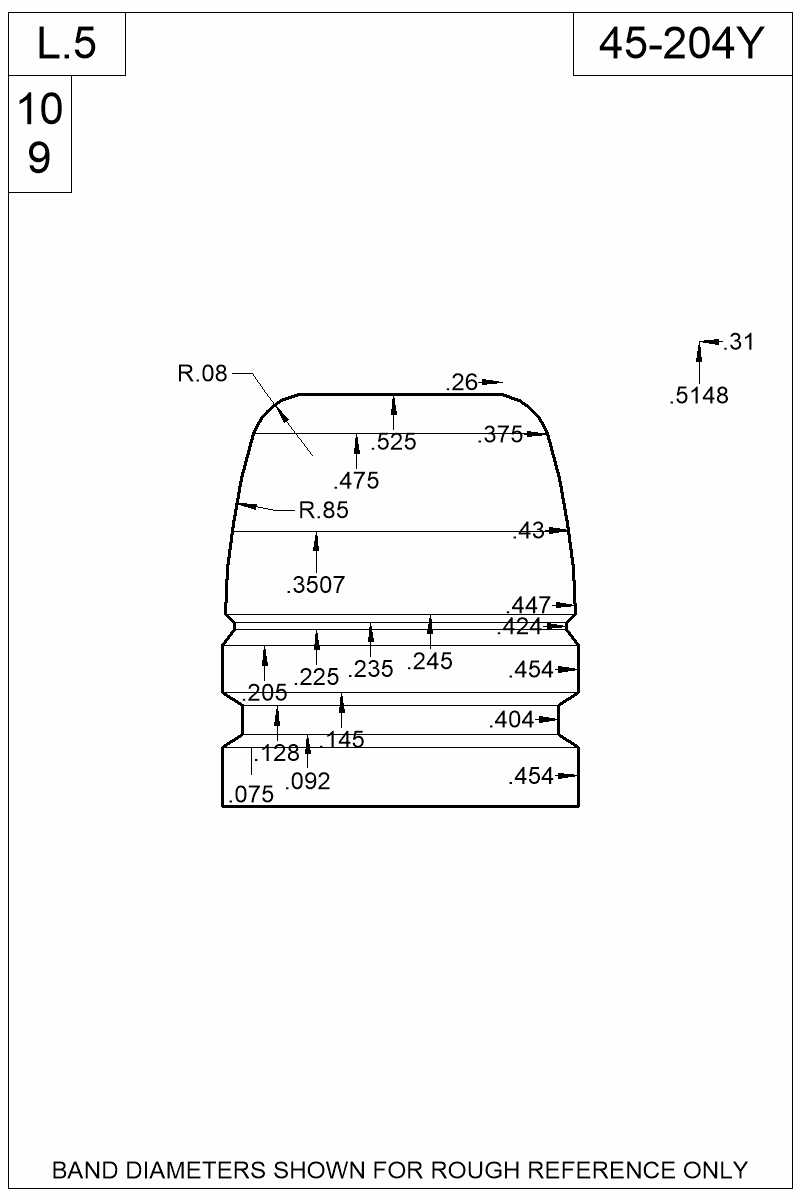 Dimensioned view of bullet 45-204Y