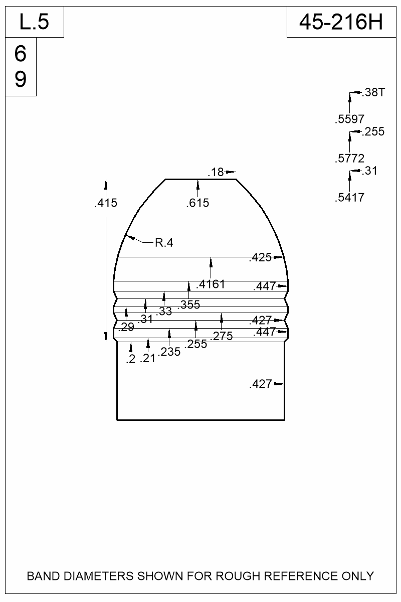 Dimensioned view of bullet 45-216H