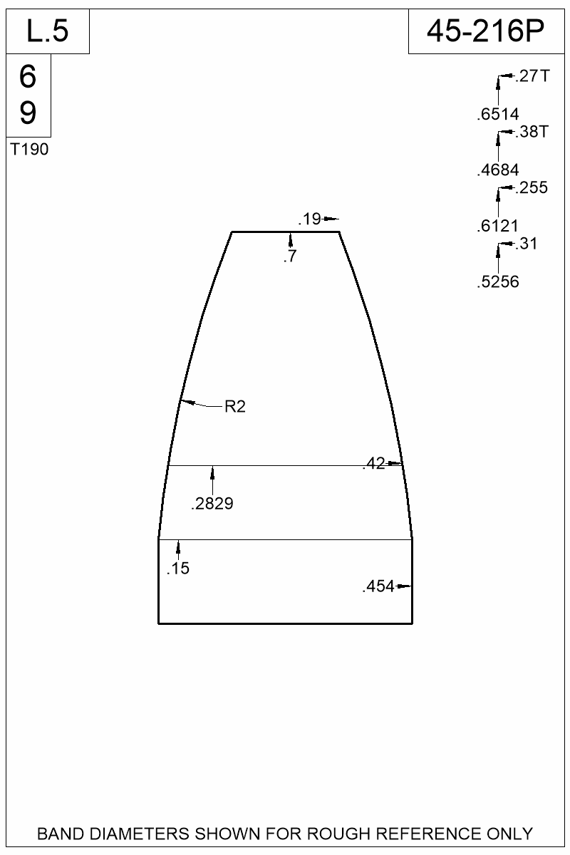 Dimensioned view of bullet 45-216P
