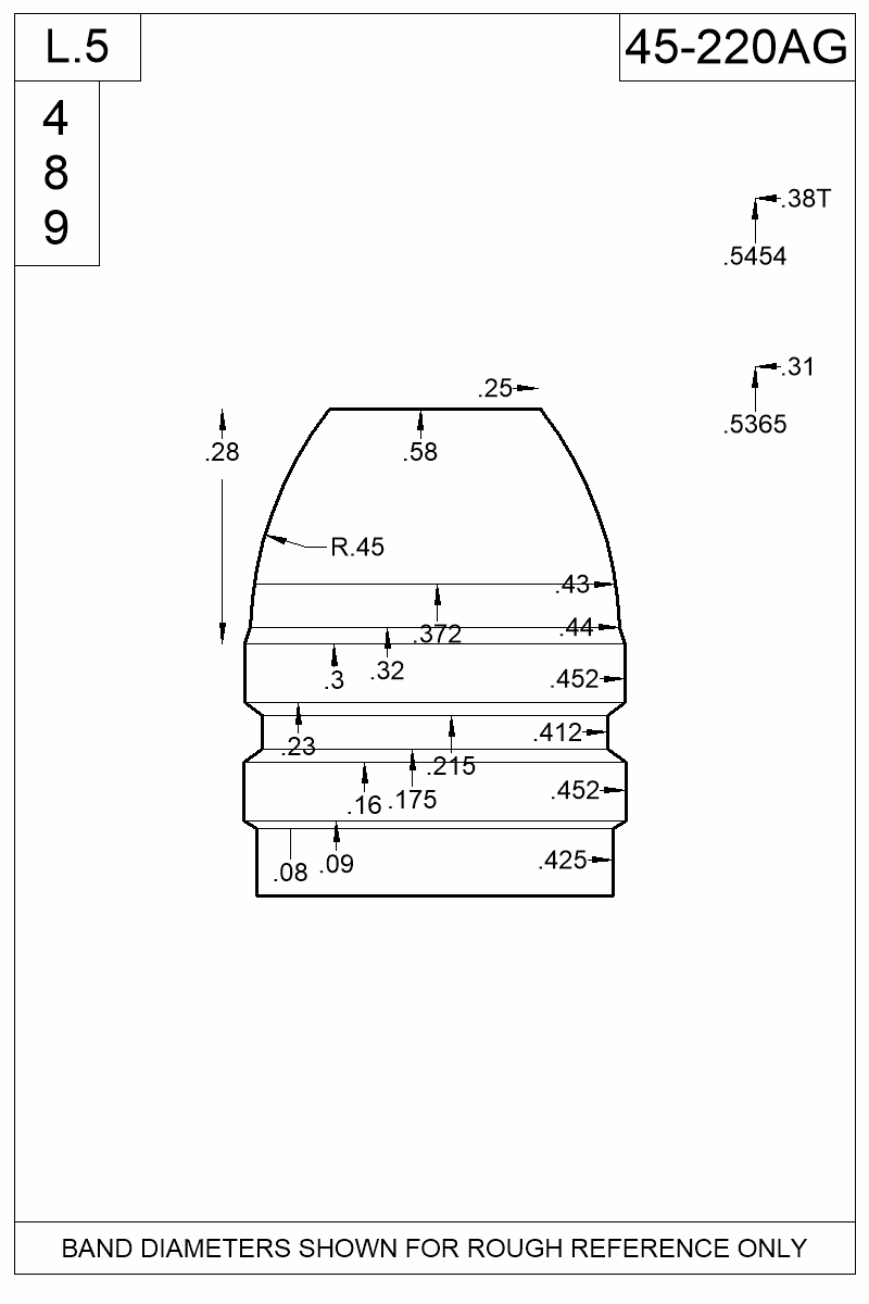 Dimensioned view of bullet 45-220AG