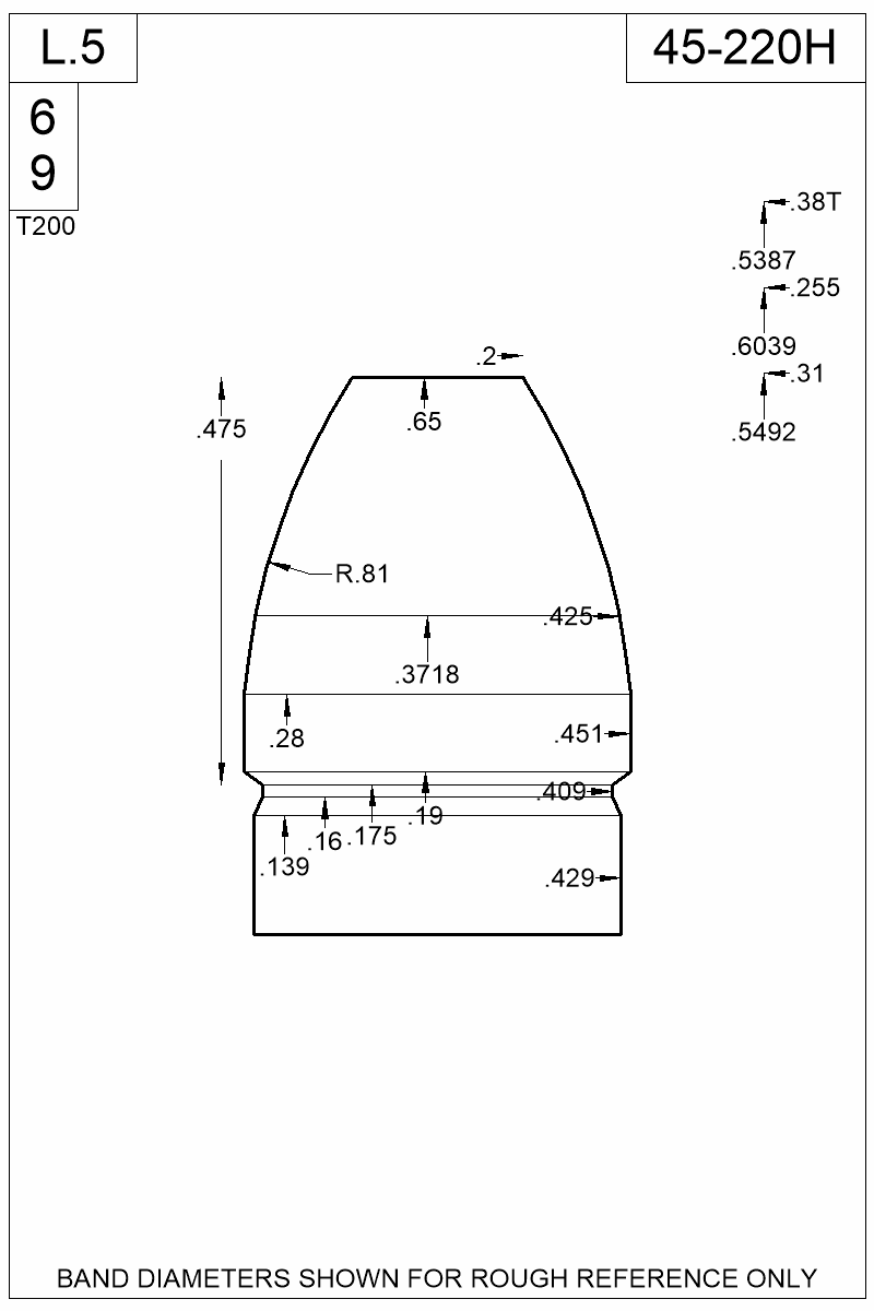 Dimensioned view of bullet 45-220H