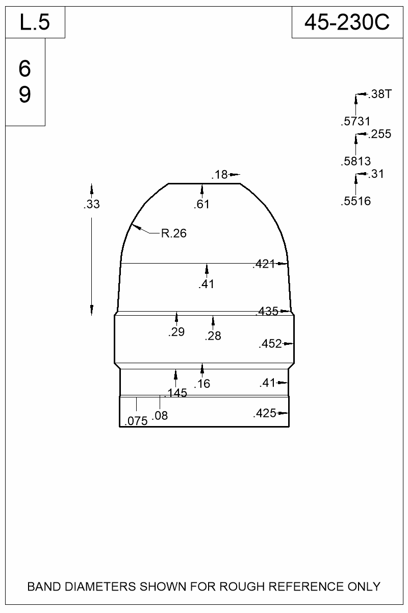 Dimensioned view of bullet 45-230C