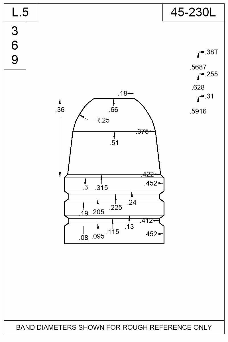 Dimensioned view of bullet 45-230L