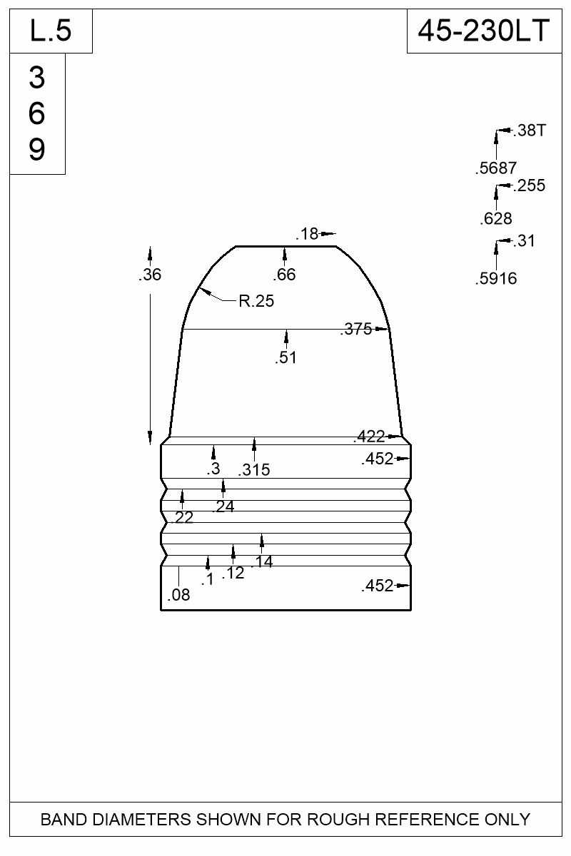 Dimensioned view of bullet 45-230LT