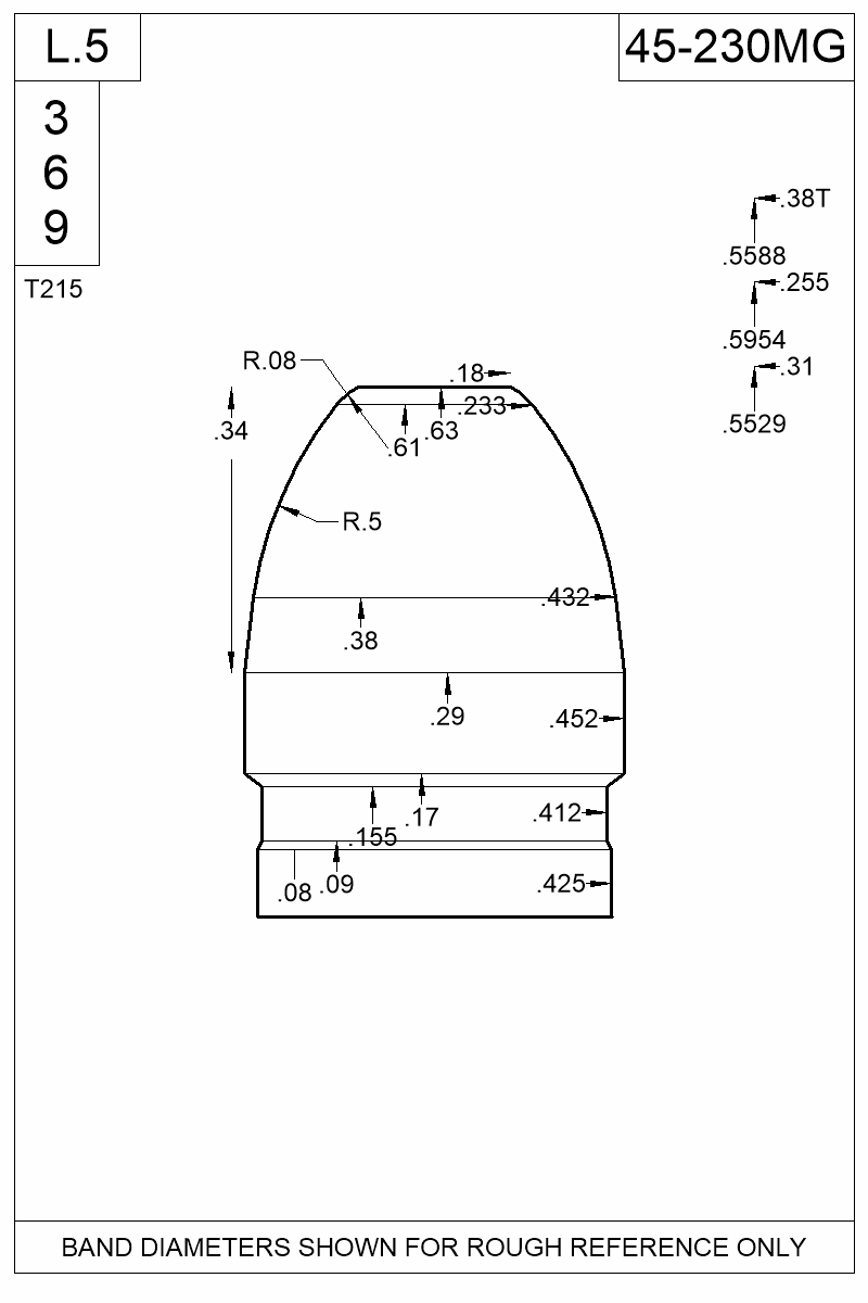 Dimensioned view of bullet 45-230MG
