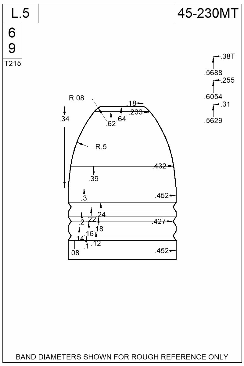 Dimensioned view of bullet 45-230MT