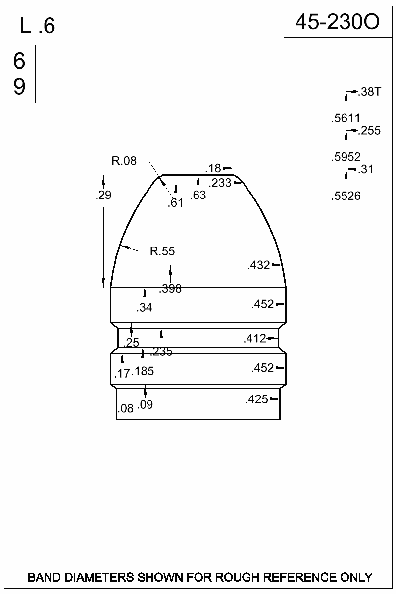 Dimensioned view of bullet 45-230O