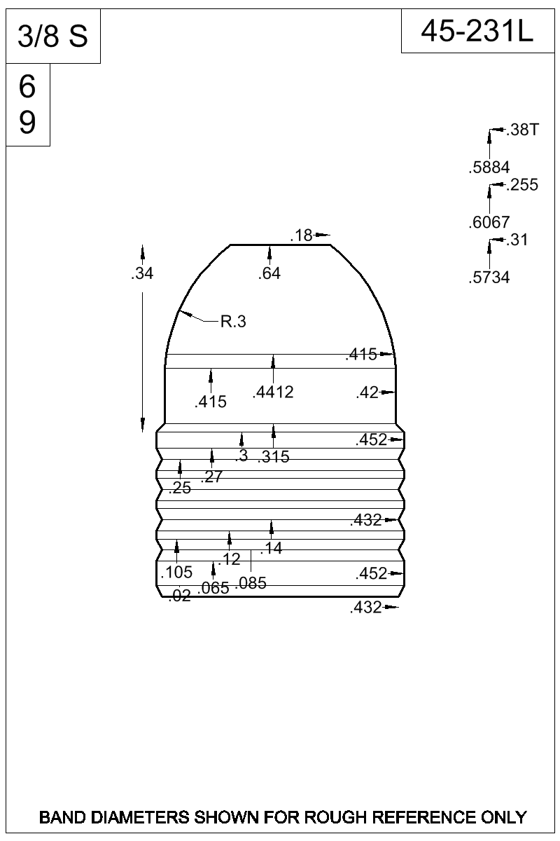 Dimensioned view of bullet 45-231L