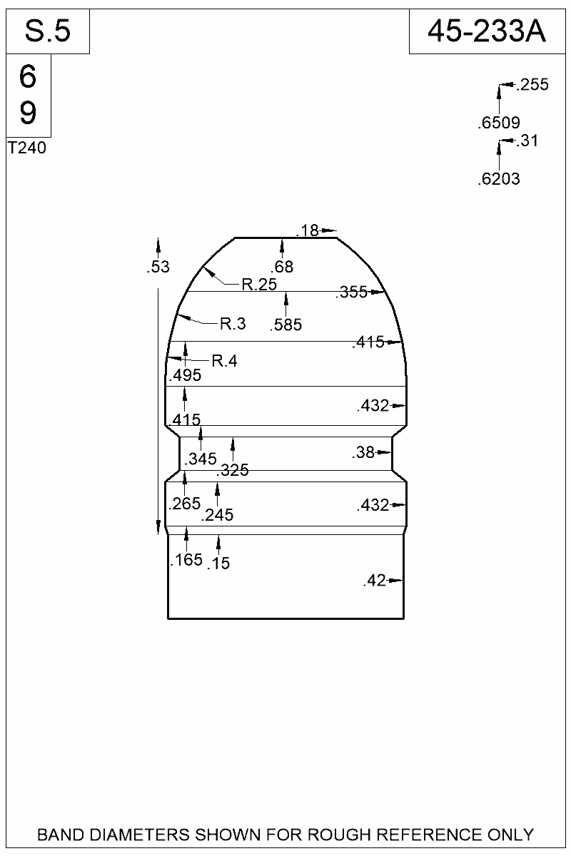Dimensioned view of bullet 45-233A