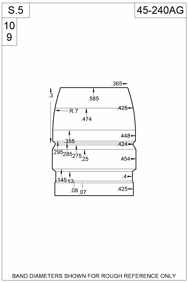 Dimensioned view of bullet 45-240AG