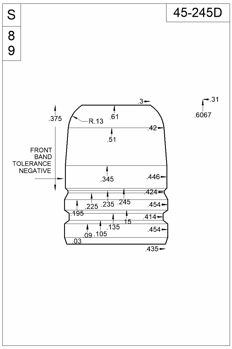 Dimensioned view of bullet 45-245D