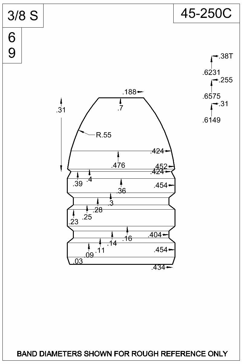 Dimensioned view of bullet 45-250C
