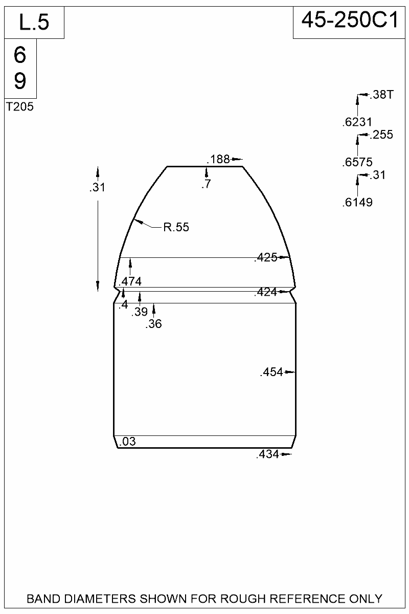 Dimensioned view of bullet 45-250C1