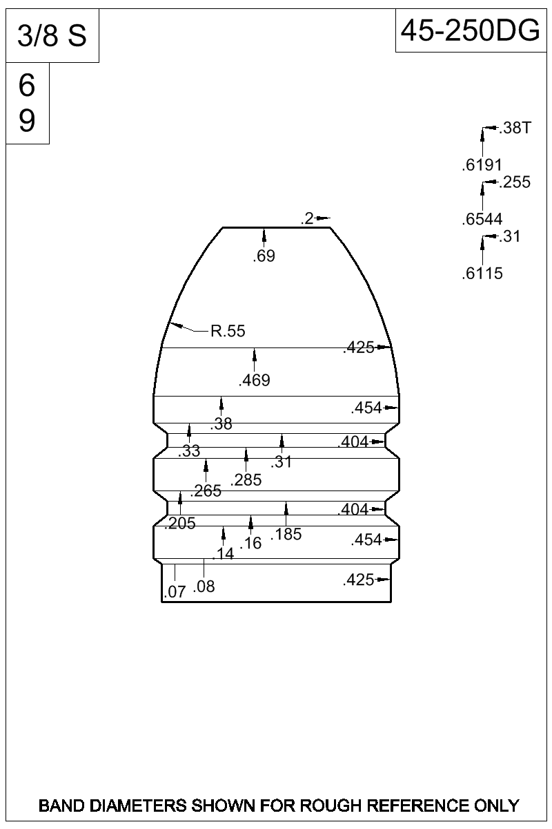 Dimensioned view of bullet 45-250DG