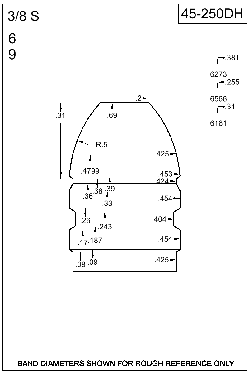 Dimensioned view of bullet 45-250DH