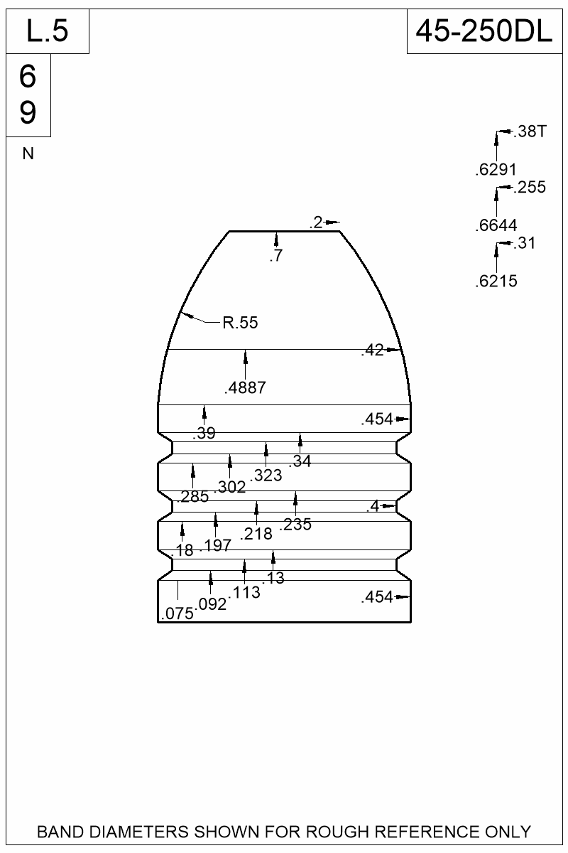 Dimensioned view of bullet 45-250DL