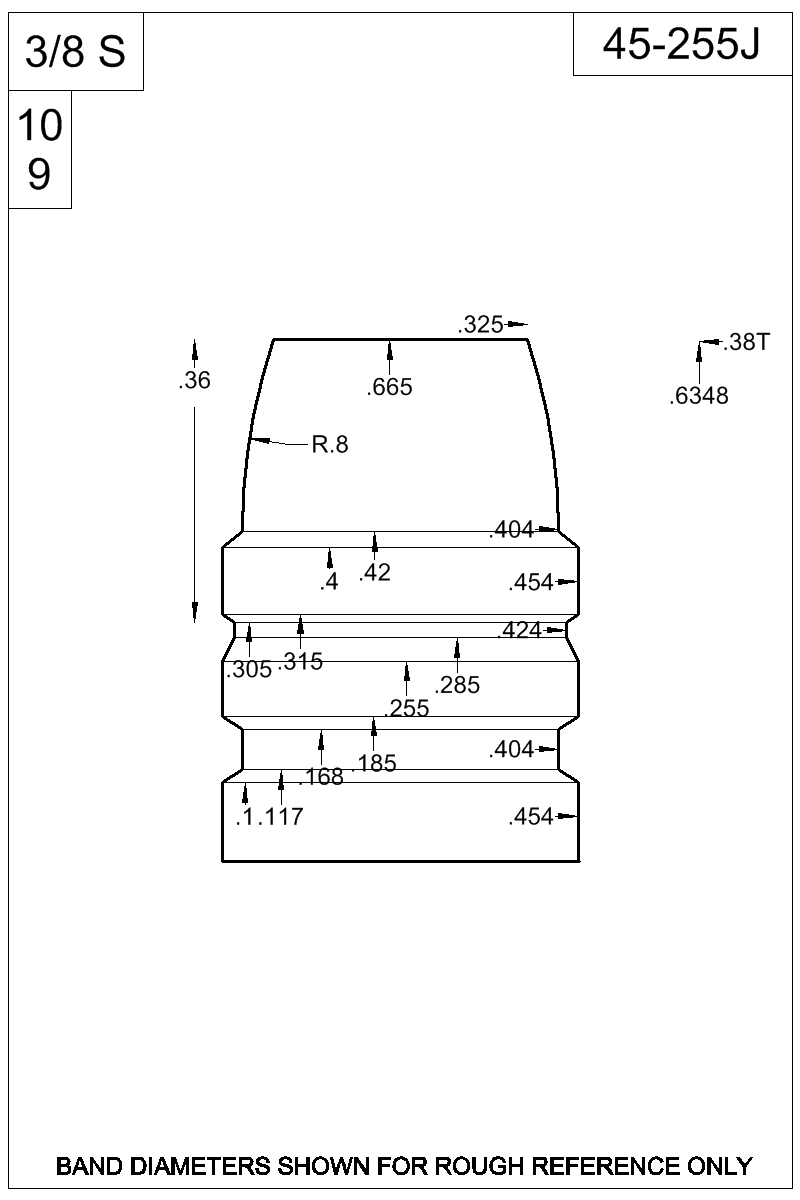 Dimensioned view of bullet 45-255J