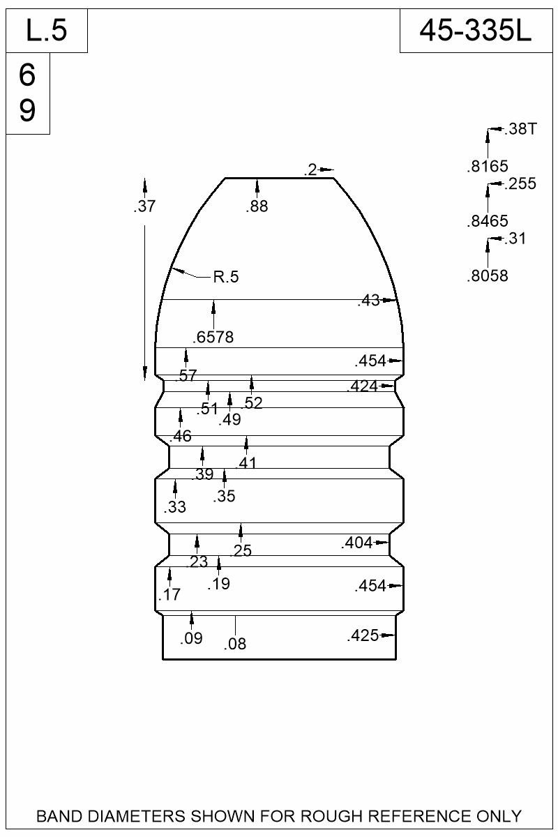 Dimensioned view of bullet 45-335L