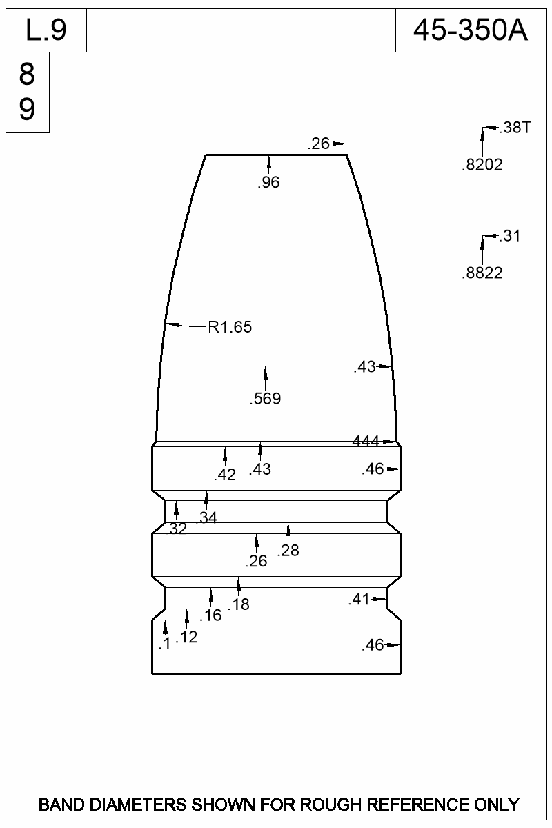 Dimensioned view of bullet 45-350A