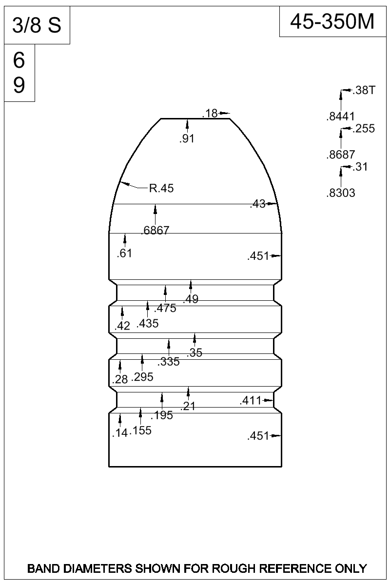 Dimensioned view of bullet 45-350M