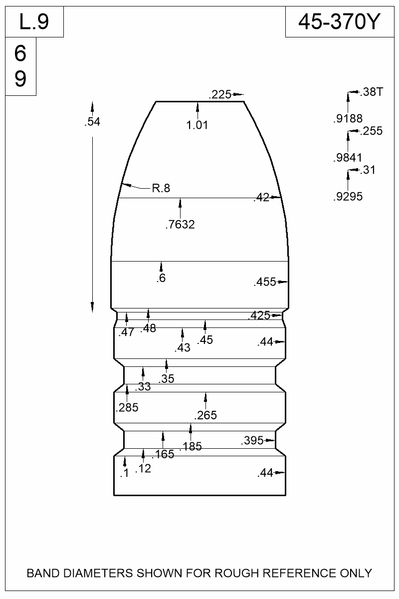 Dimensioned view of bullet 45-370Y