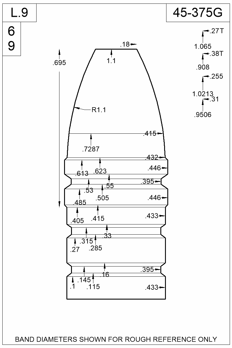 Dimensioned view of bullet 45-375G