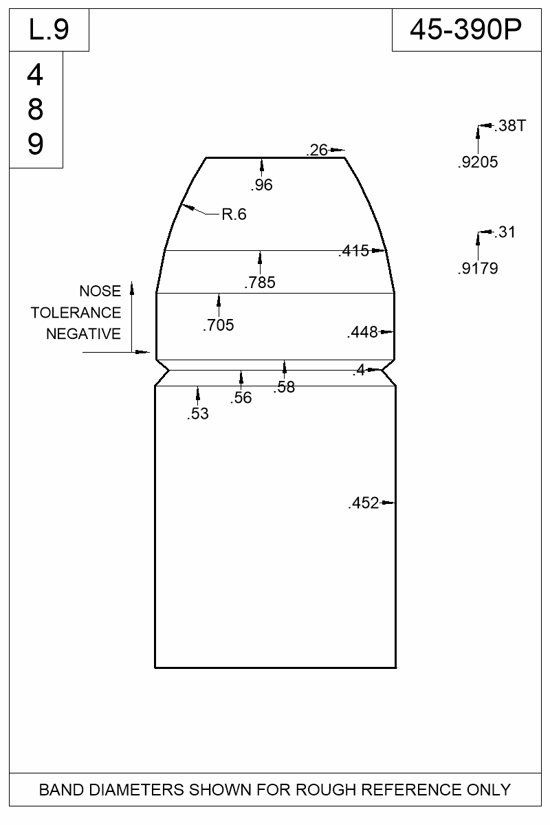 Dimensioned view of bullet 45-390P