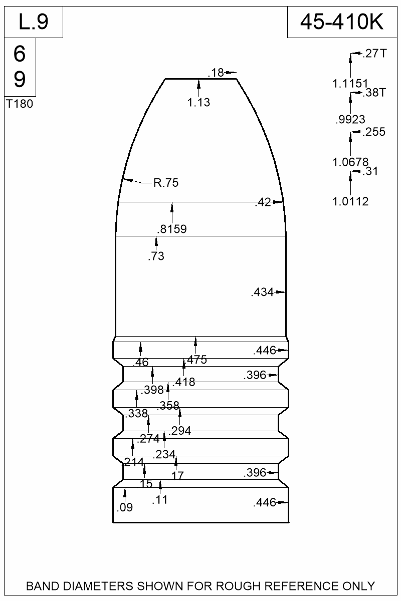 Dimensioned view of bullet 45-410K