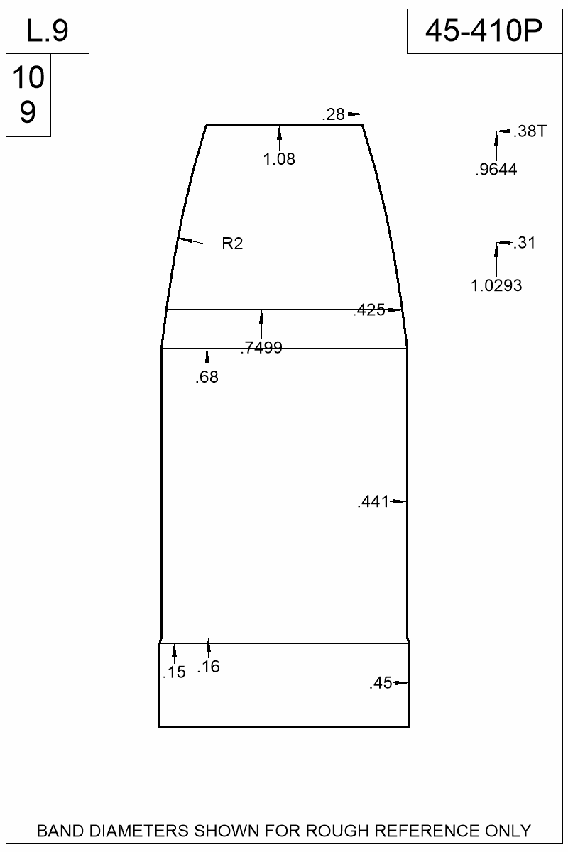 Dimensioned view of bullet 45-410P