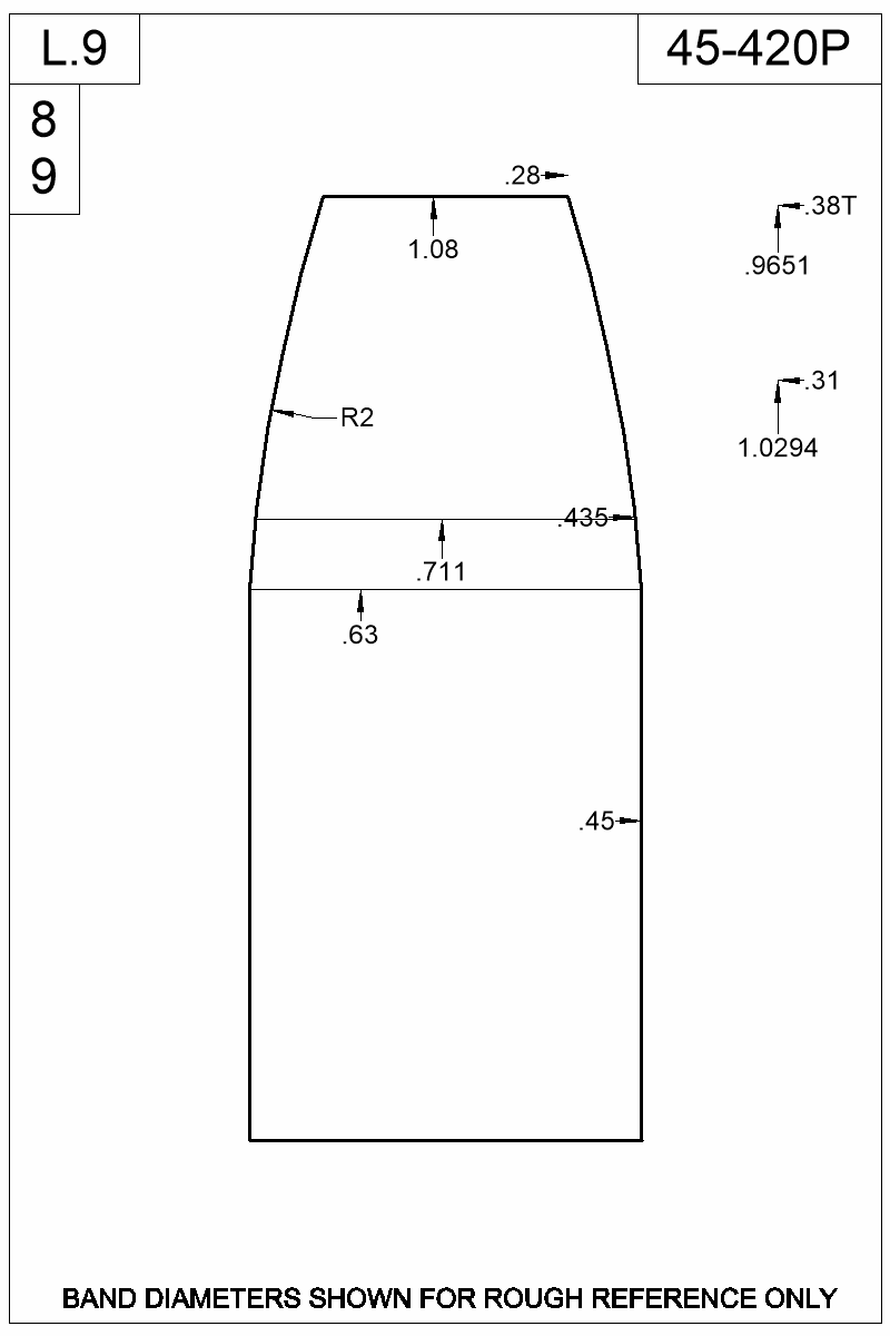 Dimensioned view of bullet 45-420P