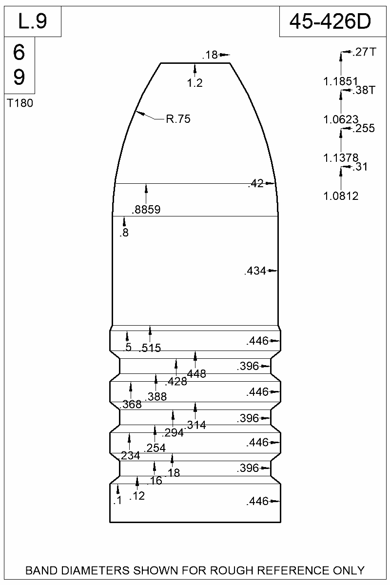 Dimensioned view of bullet 45-426D