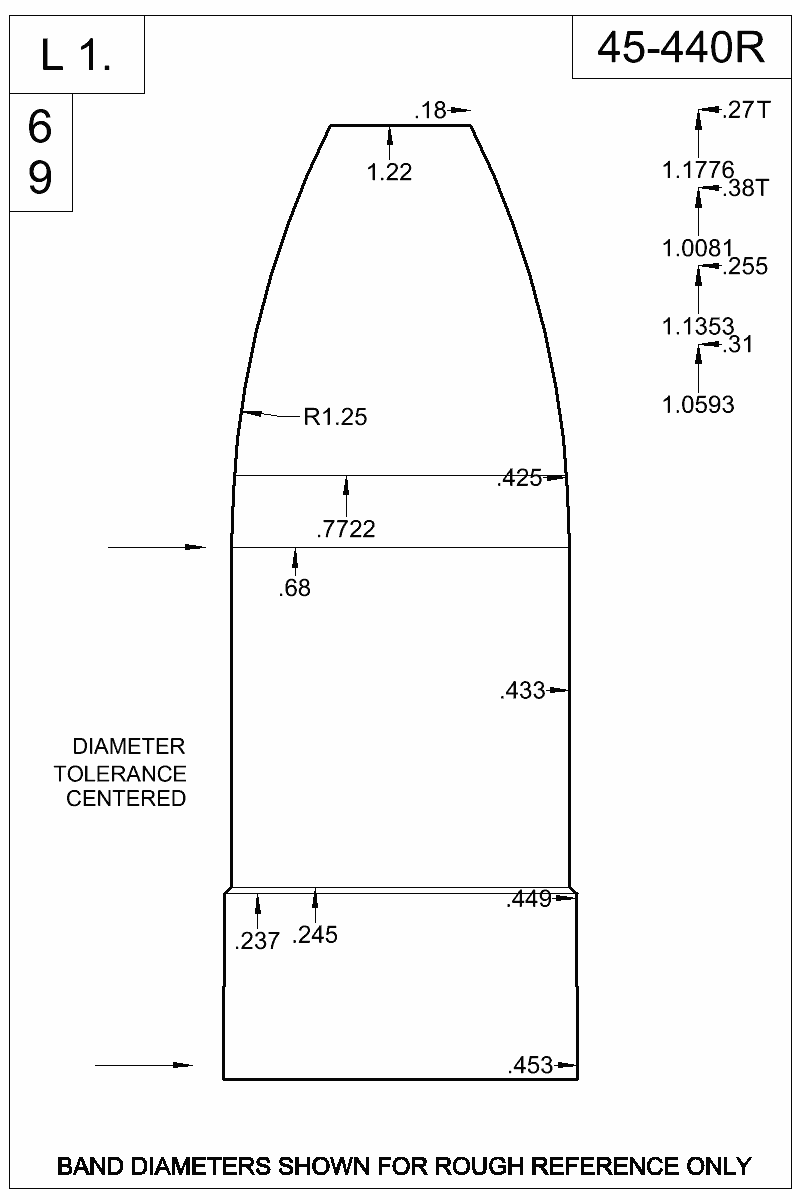 Dimensioned view of bullet 45-440R