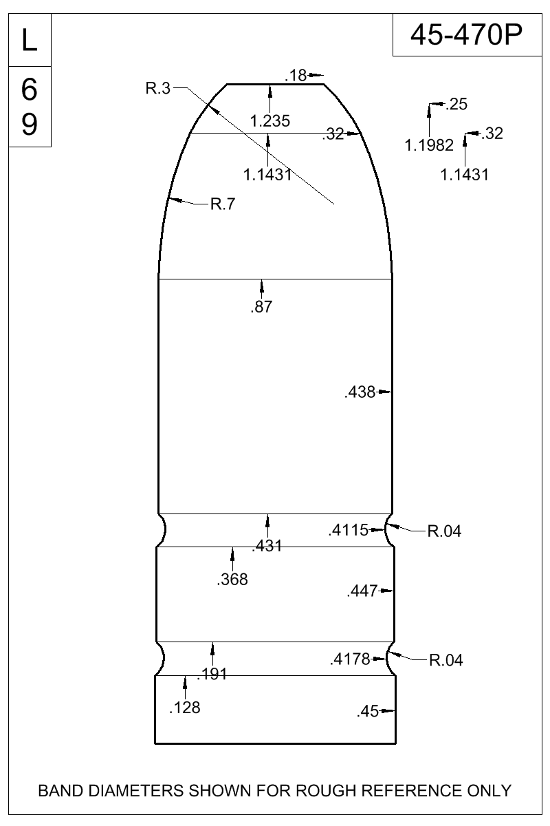 Dimensioned view of bullet 45-470P