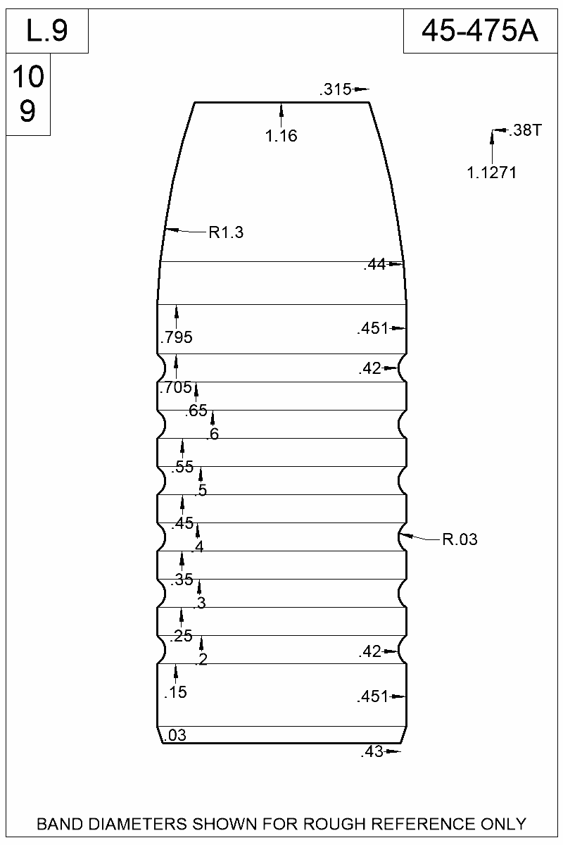Dimensioned view of bullet 45-475A