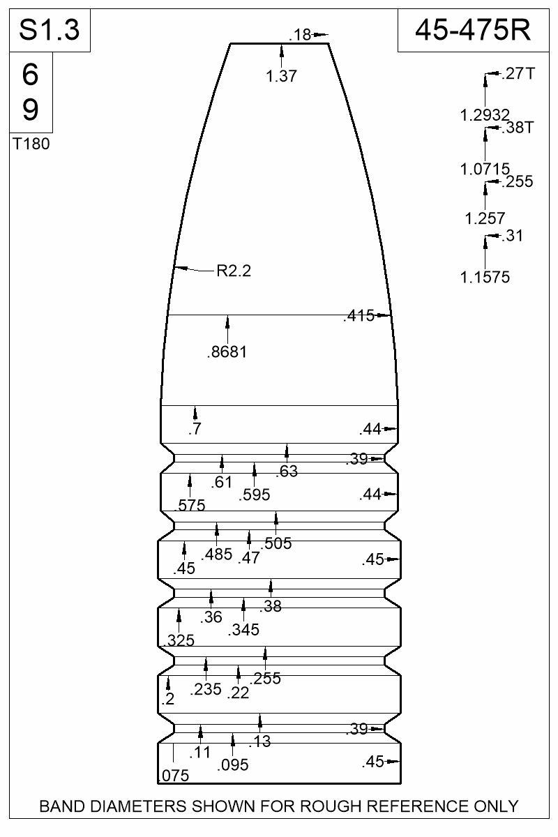 Dimensioned view of bullet 45-475R