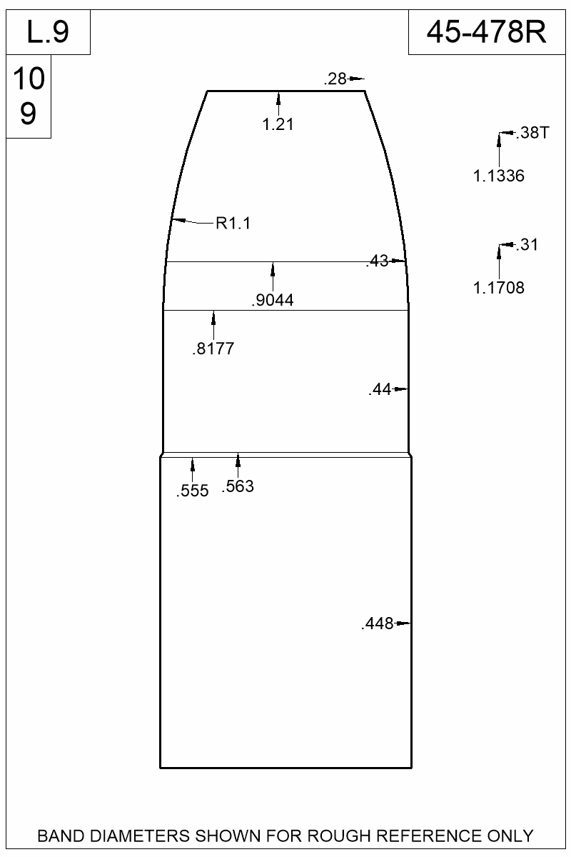 Dimensioned view of bullet 45-478R