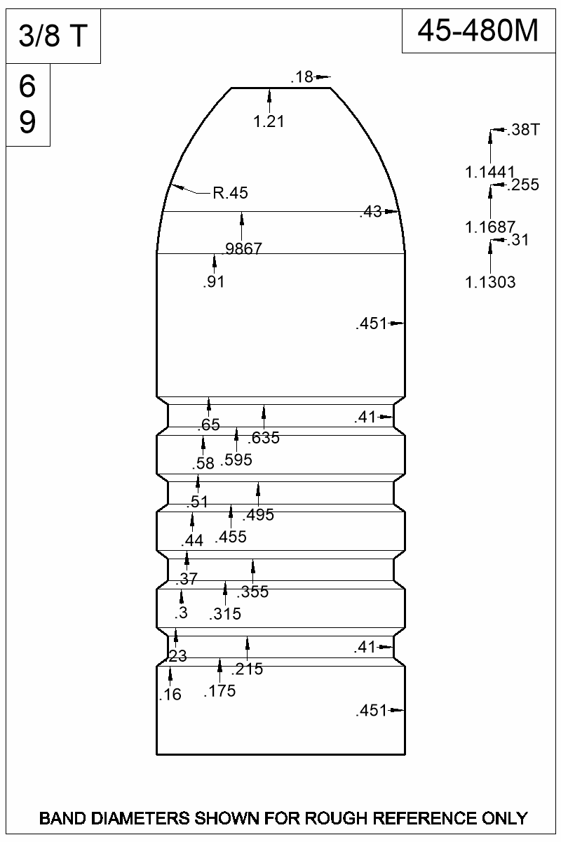 Dimensioned view of bullet 45-480M