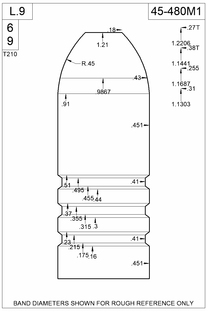 Dimensioned view of bullet 45-480M1