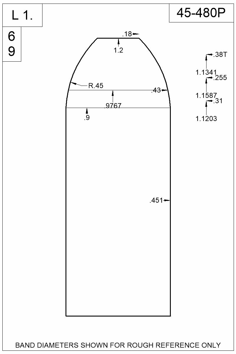 Dimensioned view of bullet 45-480P