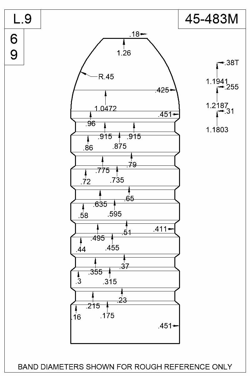 Dimensioned view of bullet 45-483M