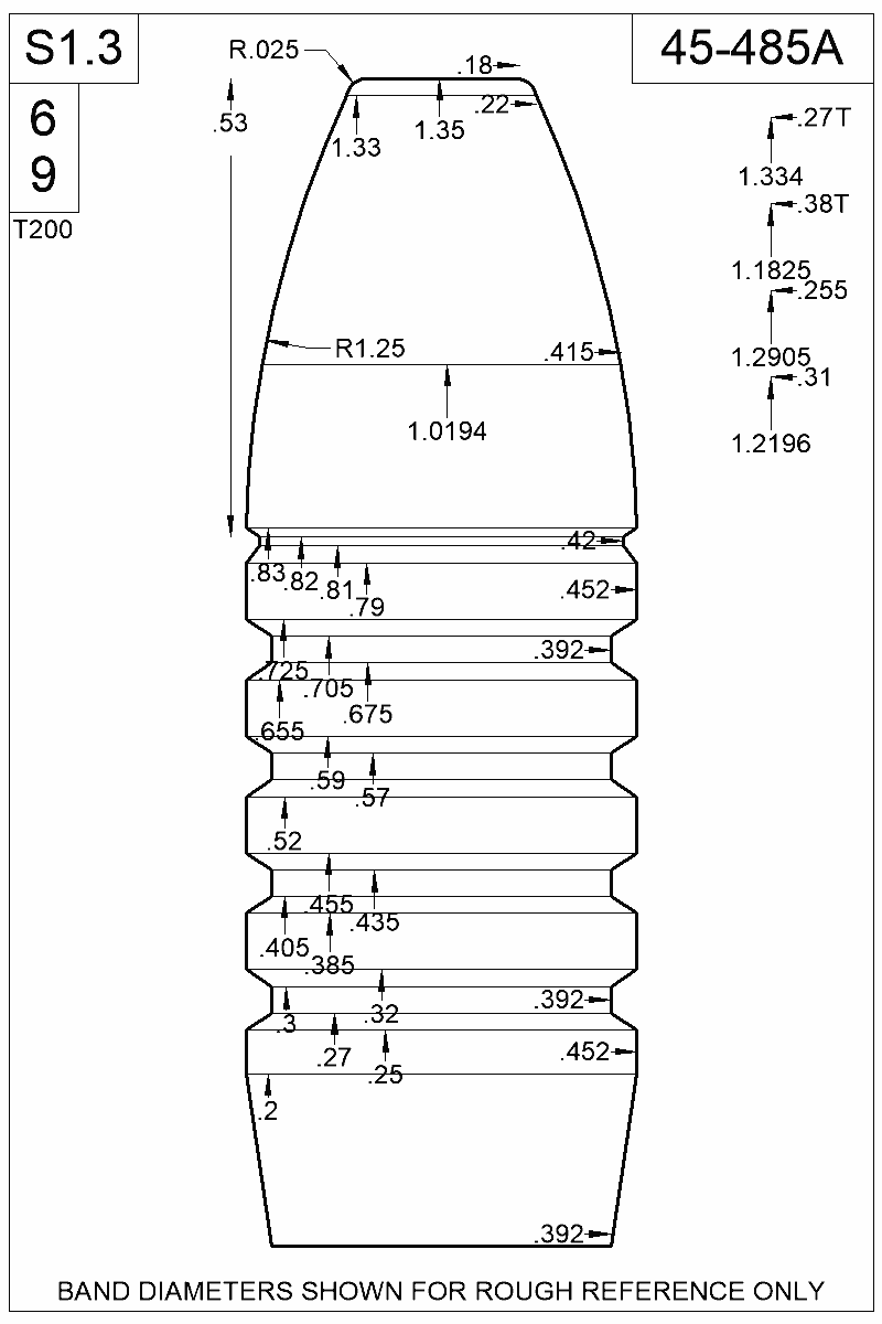 Dimensioned view of bullet 45-485A